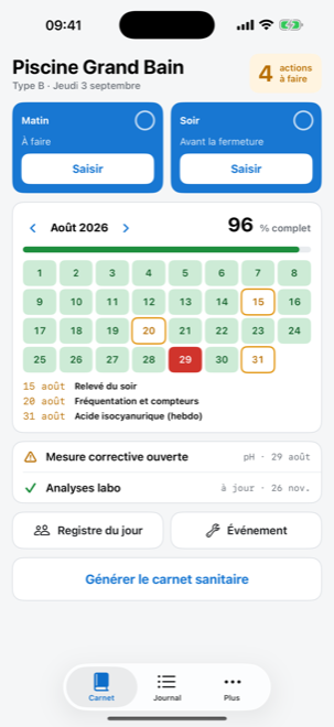 Écran Carnet : les deux relevés du jour, la grille du mois avec les jours complets, les manques et une non-conformité, la liste des actions à faire