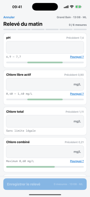 Écran de saisie du relevé du matin : pH, chlore libre actif, chlore total, chlore combiné, avec la plage réglementaire sous chaque champ