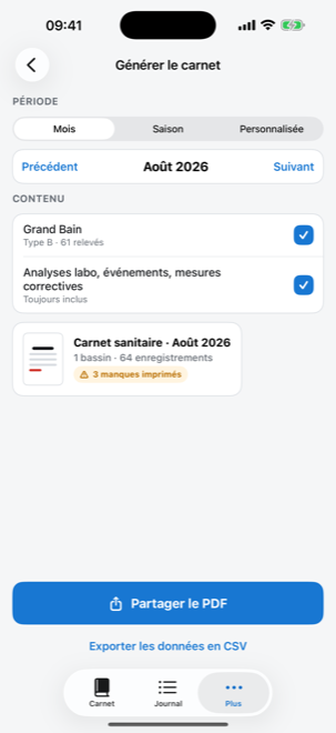 Écran Générer le carnet : choix de la période, contenu inclus, aperçu et partage du PDF
